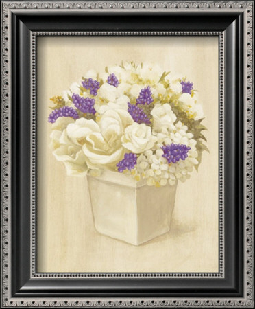 White And Purple Flowers In Square Vase by David Col Pricing Limited Edition Print image