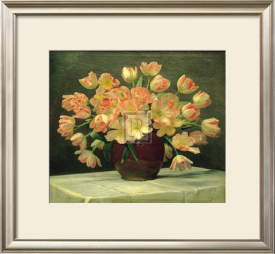 Tulips In A Vase On A Draped Table by Peter Johan Schou Pricing Limited Edition Print image