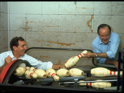 Senator Edmund S. Muskie With Vp Hubert H. Humphrey Setting Up Bowling Pin Rack At Local Alley by Stan Wayman Pricing Limited Edition Print image