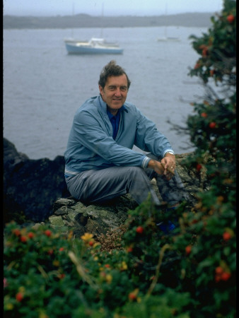 Edmund Muskie Sitting In Garden On Rocky Jetty by Stan Wayman Pricing Limited Edition Print image