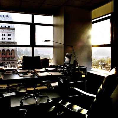 Dark, Black Leather Office In New York City by Phil Sharp Pricing Limited Edition Print image