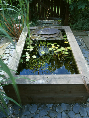 Raised Wooden Pond With Waterlilies And Slate Water Feature, Design By Geo Designs by Clive Nichols Pricing Limited Edition Print image