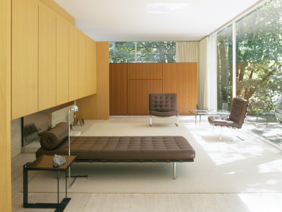 Farnsworth House, Plano, Illinois, Living Space With Barcelona Day Bed And Chairs Designed By Mies by Alan Weintraub Pricing Limited Edition Print image