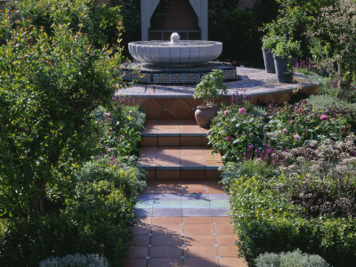 The Carpet Garden, Islamic, Chelsea 2001: Steps, Octagonal Platform, Fountain Bowl, Water Feature by Clive Nichols Pricing Limited Edition Print image