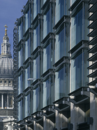 Watling House, The City, London, Cable Tied Office Facade Looking Towards St, Paul's Cathedral by David Churchill Pricing Limited Edition Print image