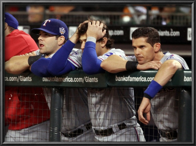 Texas Rangers V San Francisco Giants, Game 1: Michael Young, Ian Kinsler by Ezra Shaw Pricing Limited Edition Print image