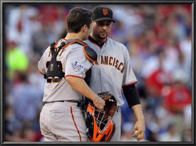 San Francisco Giants V Texas Rangers, Game 3: Buster Posey,Jonathan Sanchez by Ronald Martinez Pricing Limited Edition Print image
