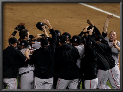 Texas Rangers V. San Francisco Giants, Game 5:  San Francisco Giants Celebrate Their 3-1 Victory by Stephen Dunn Pricing Limited Edition Print image