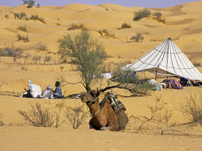 Two Distant Berber Men, A Tent, And A Camel In The Sahara Desert by Stephen Sharnoff Pricing Limited Edition Print image