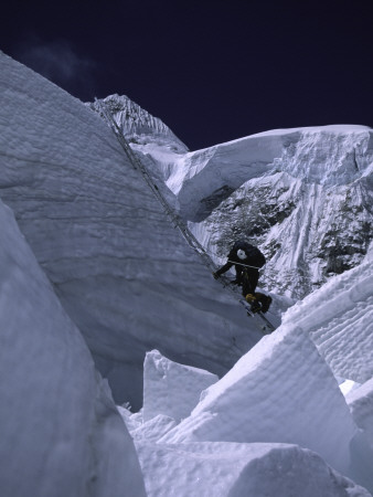 Crossing Ladders Through The Khumbu Ice Fall, Nepal by Michael Brown Pricing Limited Edition Print image