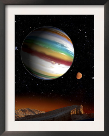 Planet Blanketed With An Orgy Of Colored Clouds Reflects On An Orbiting Desert Moon by Stocktrek Images Pricing Limited Edition Print image