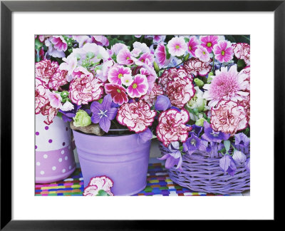 Pink Arrangement Of Dianthus, Primula, Campanula & White Rosa In Jugs & Basket by Linda Burgess Pricing Limited Edition Print image