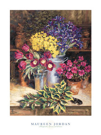 Narcissi, Iris And Tulips In Floral Vases by Maureen Jordan Pricing Limited Edition Print image