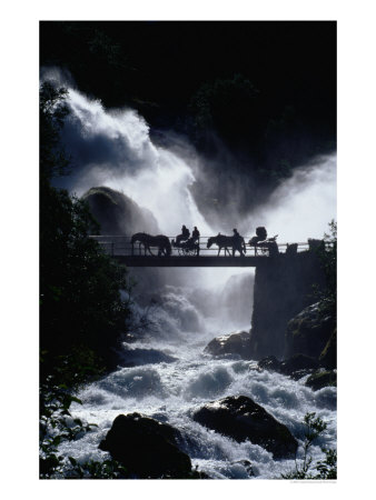 Pony Carts Crossing Bridge Over Waterfall And Rapids, Briksdal, Norway by Craig Pershouse Pricing Limited Edition Print image