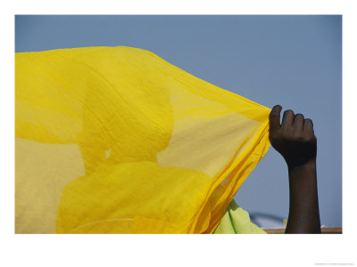 A Person With Her Back To The Camera Holds Up A Yellow Piece Of Fabric by Michael S. Lewis Pricing Limited Edition Print image