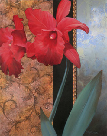 Red Lily With Teal Damasque by T. C. Chiu Pricing Limited Edition Print image