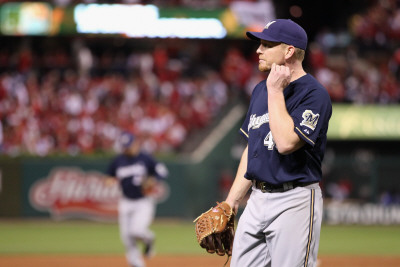 Milwaukee Brewers V St. Louis Cardinals - Playoffs Game Four, St Louis, Mo - October 13: Randy Wolf by Christian Petersen Pricing Limited Edition Print image