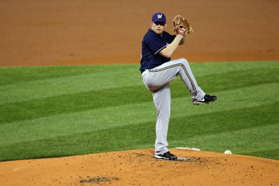 Milwaukee Brewers V St. Louis Cardinals - Playoffs Game Four, St Louis, Mo - October 13: Randy Wolf by Dilip Vishwanat Pricing Limited Edition Print image