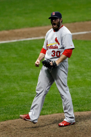 St Louis Cardinals V Milwaukee Brewers - Playoffs Game Six, Milwaukee, Wi - October 16: Jason Motte by Scott Boehm Pricing Limited Edition Print image