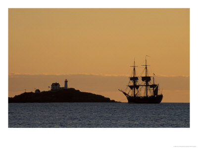 Cape Nedick Light And Replica Of Captain Cook's Ss Endeavor, Maine, Usa by Jerry & Marcy Monkman Pricing Limited Edition Print image
