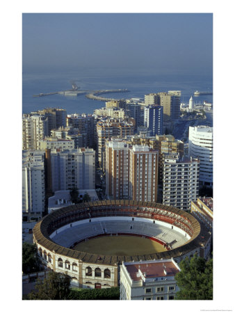 View Of Plaza De Toros And Cruise Ship In Harbor, Malaga, Spain by John & Lisa Merrill Pricing Limited Edition Print image