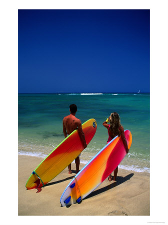 Couple With Colourful Surfboards On Beach Near Waikiki, Waikiki, U.S.A. by Ann Cecil Pricing Limited Edition Print image