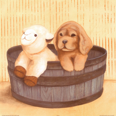 Lamb And Dog In Wooden Bucket by Catherine Becquer Pricing Limited Edition Print image