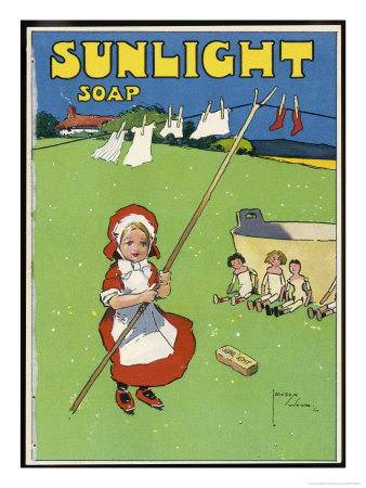Little Girl Washes Her Doll's Clothes In Sunlight Soap by Lawson Wood Pricing Limited Edition Print image