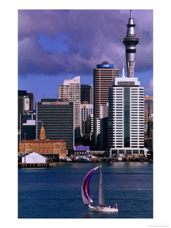 Sailboat With City In Background, Auckland, New Zealand by John Banagan Pricing Limited Edition Print image