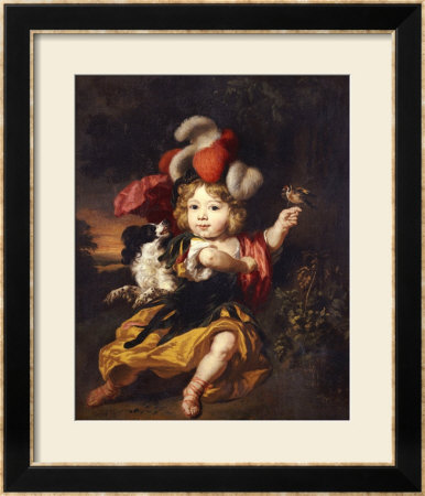 A Boy In Classical Costume Seated In A Landscape With A Finch And A Spaniel by Nicolaes Maes Pricing Limited Edition Print image