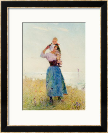 Woman And Child In A Meadow by Hector Caffieri Pricing Limited Edition Print image