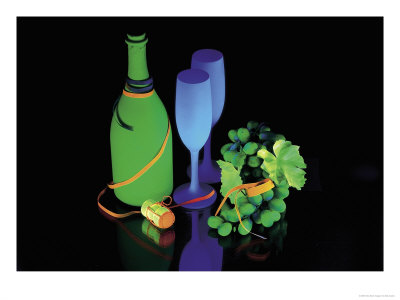 Fluorescent Champagne Bottle, Glasses, And Grapes by Bob Coates Pricing Limited Edition Print image