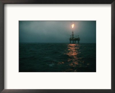 Night View Of A Plume Of Fire From An Offshore Oil Rig In This Norwegian Oil Field by Emory Kristof Pricing Limited Edition Print image