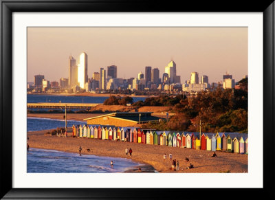 Brighton Beach Boatsheds With City In Background, Melbourne, Australia by Christopher Groenhout Pricing Limited Edition Print image