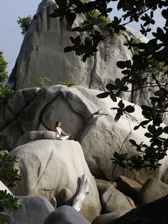 Woman Doing Yoga On Rocks by Nugene Chiang Pricing Limited Edition Print image