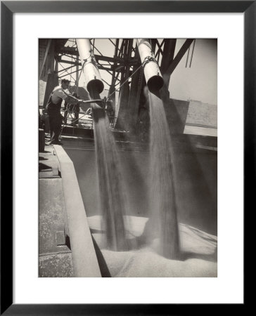 Workers Guiding Granary Filling Spouts As They Pour Tons Of Wheat Into River Barge For Shipment by Margaret Bourke-White Pricing Limited Edition Print image