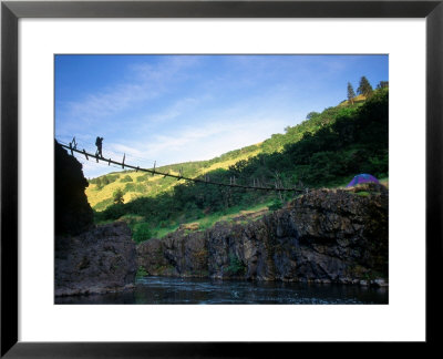 Backpacker Crosses The Bridge Over The River To His Camp, Hood River, Oregon, United States by Kate Thompson Pricing Limited Edition Print image