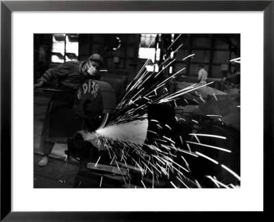 Japanese Worker Cutting Steel Pipe W. Huge Power Saw At Yawata Steel Mill by Margaret Bourke-White Pricing Limited Edition Print image