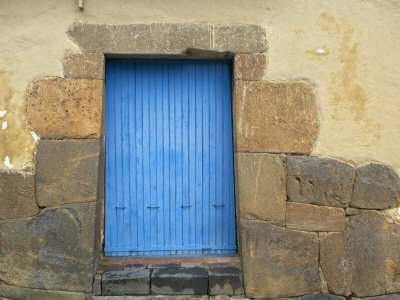 Blue Wooden Doorway, Old Inca Stone Wall, Ollantaytambo, Peru by Dennis Kirkland Pricing Limited Edition Print image