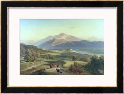 Drover On Horseback With His Cattle In A Mountainous Landscape With Schloss Anif, Salzburg by Josef Mayburger Pricing Limited Edition Print image