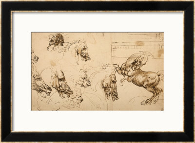 Rearing Horse And Study Of Horse, Lion And Human Heads, Drawing, Royal Library, Windsor by Leonardo Da Vinci Pricing Limited Edition Print image