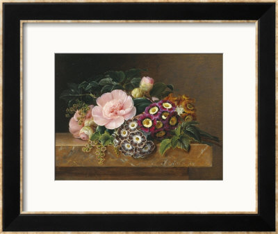 Bouquet Of Pink Camellias And Primula On Marble Ledge by Johan Laurentz Jensen Pricing Limited Edition Print image