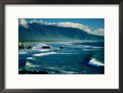 Surf With Mountains In Background, Near Greymouth, Greymouth, New Zealand by Dennis Johnson Pricing Limited Edition Print image