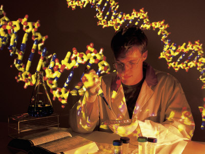 Biochemist At Work With Molecules In Background by Jacob Halaska Pricing Limited Edition Print image