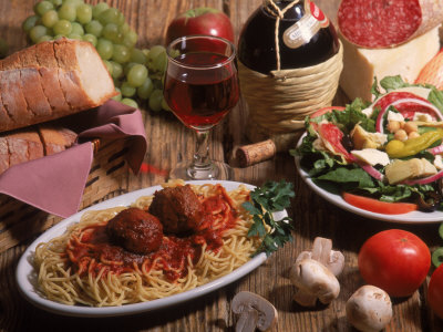 Spaghetti And Meatballs With Side Dishes And Wine by Vic Bider Pricing Limited Edition Print image