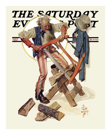 Uncle Sam Sawing Wood, C.1932 by Joseph Christian Leyendecker Pricing Limited Edition Print image