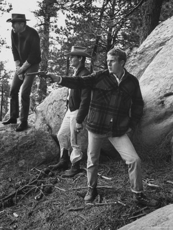 Steve Mcqueen, Jim Corbin And Dave Resnic Practice Shooting During Trip In Sierra Madra Mountains by John Dominis Pricing Limited Edition Print image