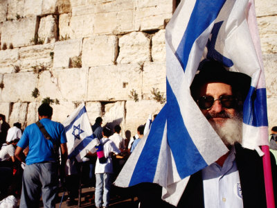 Worshippers At Western Wall With Israeli Flags, Jerusalem, Israel by James Marshall Pricing Limited Edition Print image