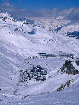 Snow-Covered Valley And Ski Resort Town, Tignes, France by Richard Nebesky Pricing Limited Edition Print image
