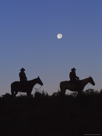 Silhouette Of Cowboys On Horses, Seneca, Or by Inga Spence Pricing Limited Edition Print image